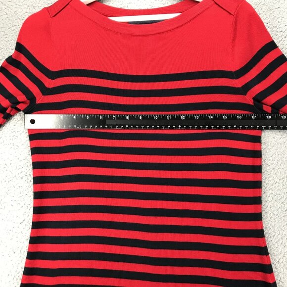 TOMMY HILFIGER Top Womens SMALL Red Blue Stripe Knit 3/4 Sleeve Button Shoulder - Picture 8 of 13
